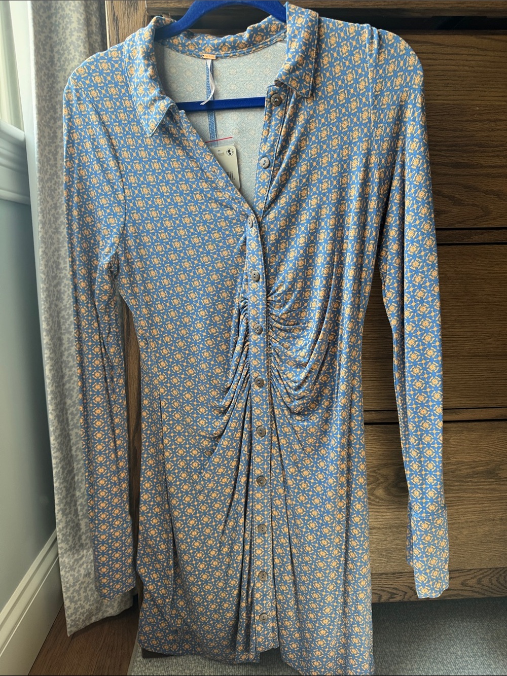 Free People Blue and Yellow Long Sleeve Ruched Button Dress